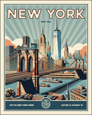 Illustration of New York City featuring the Brooklyn Bridge and skyline with notable buildings.