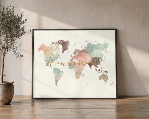 Wanderlust in Cream Pastel World Map Poster | ArtPrintsVicky