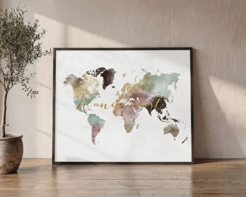 Wanderlust in Watercolor World Map in Warm Hues | ArtPrintsVicky