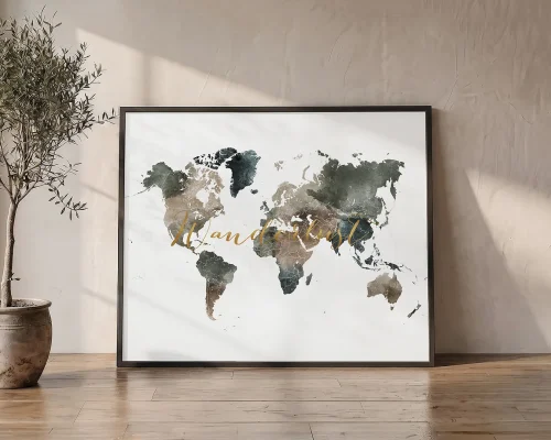 Wanderlust Whispers World Map in Earthy Watercolors | ArtPrintsVicky