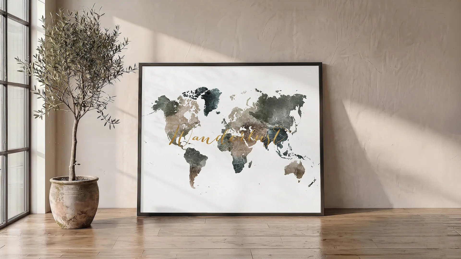 Wanderlust Whispers World Map in Earthy Watercolors | ArtPrintsVicky