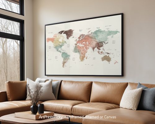 World map in pastel colors with detailed geographical features and country borders.