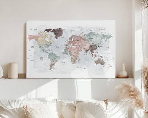 World map illustration featuring pastel tones and labeled countries in a soft design.