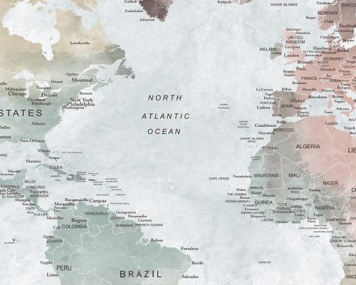 World map featuring pastel tones with labeled countries and oceans.