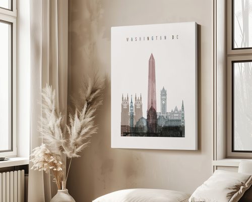 Washington DC minimalist skyline wall art poster in cool distressed tones featuring city’s iconic landmarks. Available in 18 color schemes framed, unframed or canvas by ArtPrintsVicky.