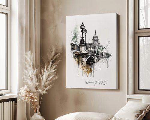 Art print featuring a sketch of the U.S. Capitol building and a bridge in Washington, DC.