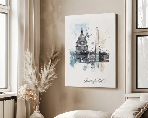 Artistic representation of the Capitol Building and Washington Monument in Washington DC.