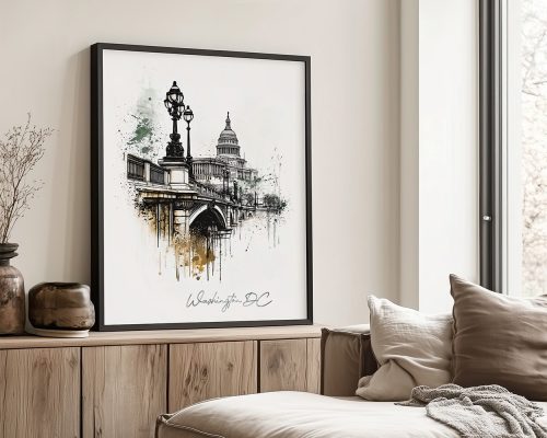 Artistic drawing of the U.S. Capitol building with a bridge and street lamp in Washington, DC.