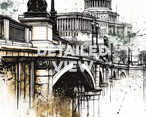Illustration of a bridge and the U.S. Capitol building in Washington D.C. with artistic splashes of color.