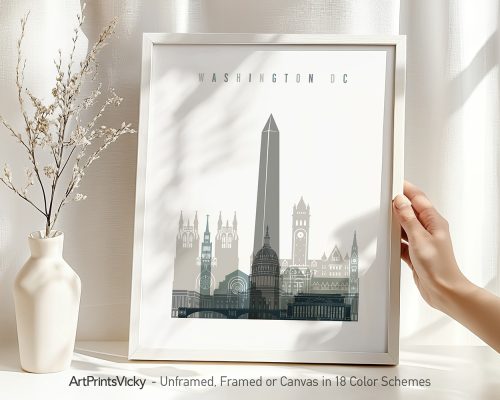 Art print of Washington DC featuring the Washington Monument and notable buildings.