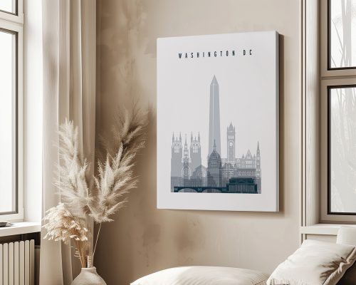 Graphic representation of Washington DC landmarks including the Washington Monument and various buildings.