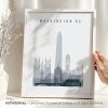 Art print featuring a stylized cityscape of Washington DC with notable landmarks.