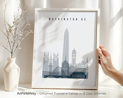Art print featuring a stylized cityscape of Washington DC with notable landmarks.