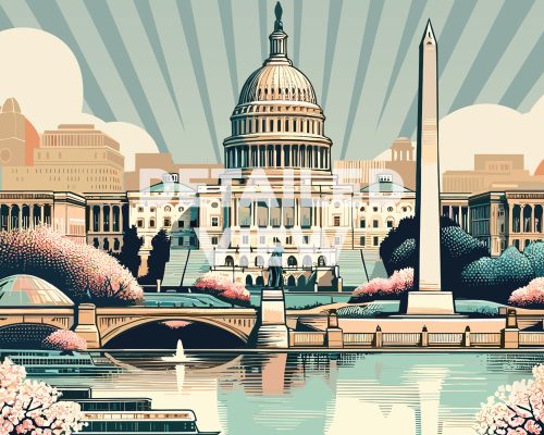 Illustration featuring the U.S. Capitol building, Washington Monument, and cherry blossom trees in Washington D.C.