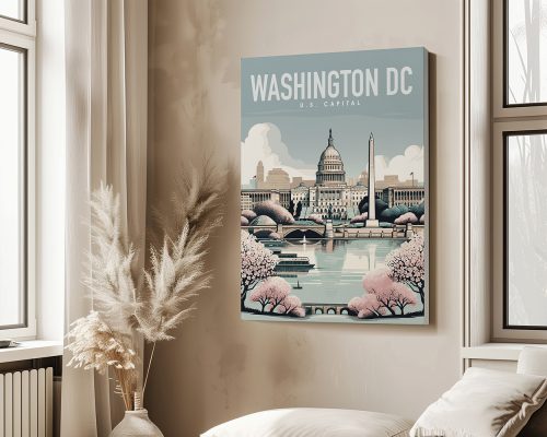 Art print depicting Washington DC with the U.S. Capitol and cherry blossoms in the foreground.