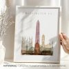 Art print featuring a stylized cityscape of Washington DC with notable landmarks and the Washington Monument.