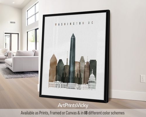 Art print of a cityscape featuring notable buildings from Washington DC in a minimalist style.