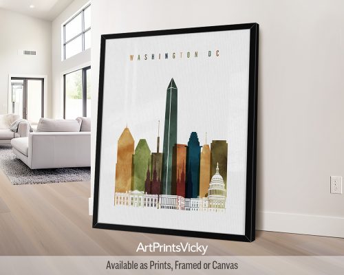 Art print of Washington DC skyline featuring notable buildings and monuments in a colorful design.