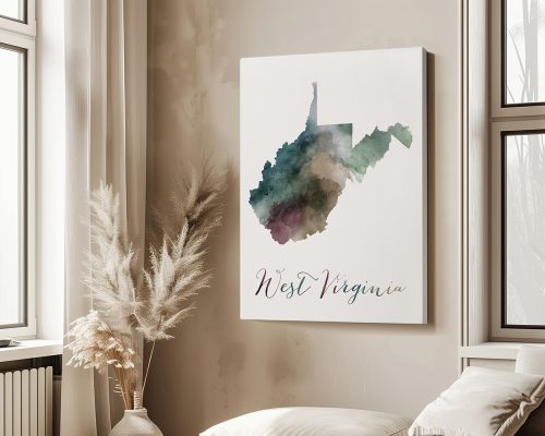 Artistic representation of a West Virginia map with watercolor effects in various colors.
