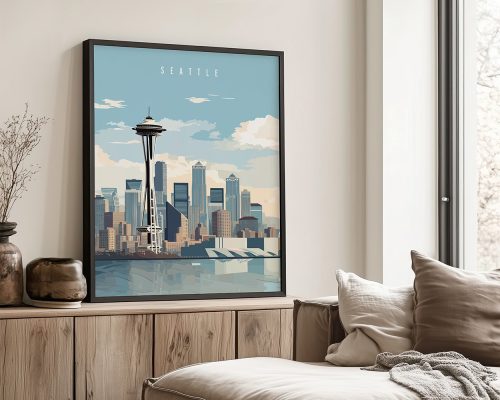 Framed print of Seattle skyline featuring the Space Needle and city buildings against a blue sky.