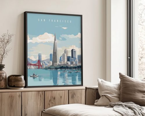 Framed print of San Francisco featuring the Transamerica Pyramid and Golden Gate Bridge.