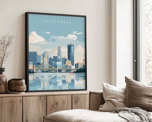Framed print of Pittsburgh skyline with a river and bridge in the foreground.