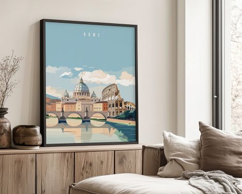 Illustration of Rome featuring notable buildings and a bridge, framed and displayed indoors.