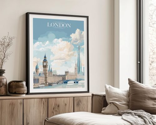 Framed artwork depicting a cityscape of London with notable landmarks and a blue sky.