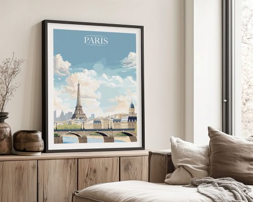 Framed artwork depicting the Eiffel Tower and a bridge in Paris with a blue sky and clouds.
