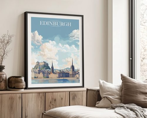 Framed artwork depicting a cityscape of Edinburgh with clouds and a castle in the background.