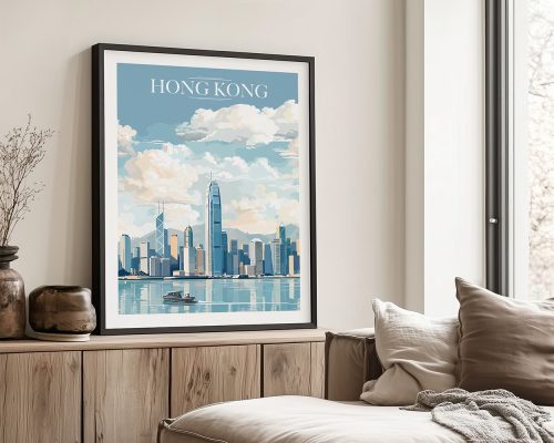 Framed art print of Hong Kong skyline with clouds and water in the foreground.