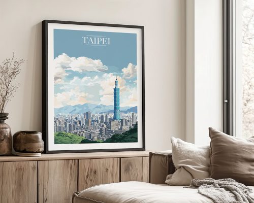 Framed art print of Taipei featuring Taipei 101 and a mountainous backdrop with clouds.