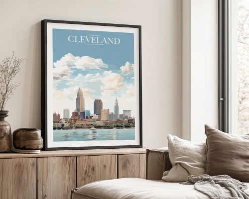 Framed art print of Cleveland's skyline with clouds and water reflection.