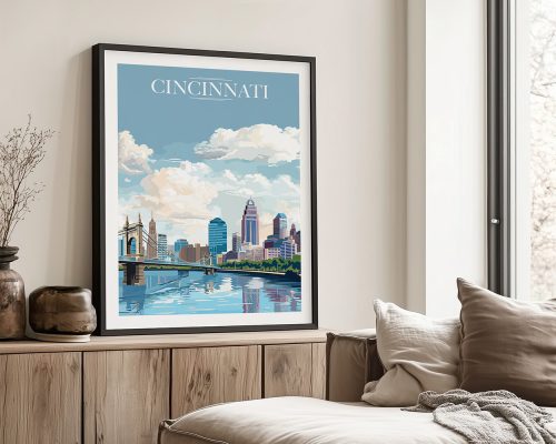 Framed artwork of Cincinnati skyline with clouds and reflections in water.