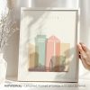 Art print featuring a stylized illustration of Wichita's skyline with notable buildings.
