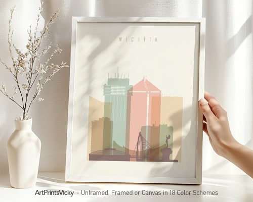 Art print featuring a stylized illustration of Wichita's skyline with notable buildings.