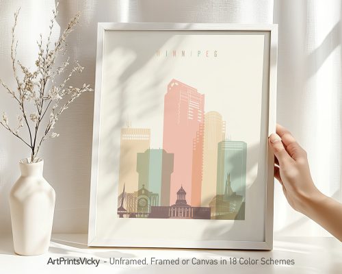 Art print featuring a stylized depiction of the Winnipeg city skyline with various buildings.