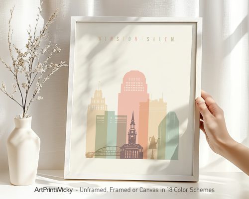 Art print of Winston-Salem cityscape featuring buildings in pastel colors.
