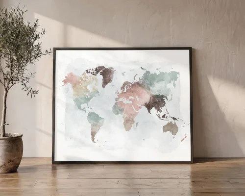 World Explorer Soft Pastel Watercolor World Map Poster | ArtPrintsVicky