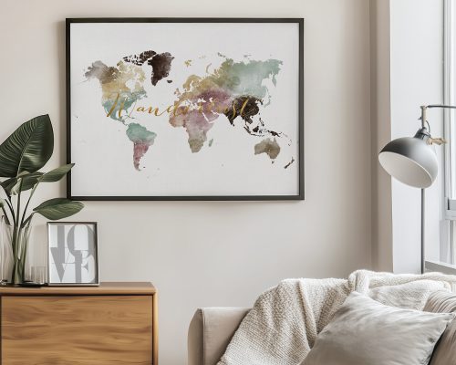 Artistic world map featuring watercolor-style continents in various colors on a light background.