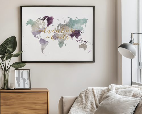 World map artwork featuring watercolor-style continents and the phrase 'adventure awaits'.