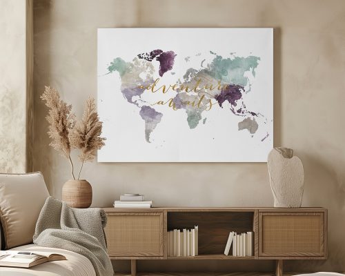 World map featuring various colors with the text 'adventure awaits' in gold lettering.