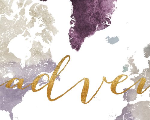 Artistic world map featuring soft colors and gold lettering that reads 'adventure'.