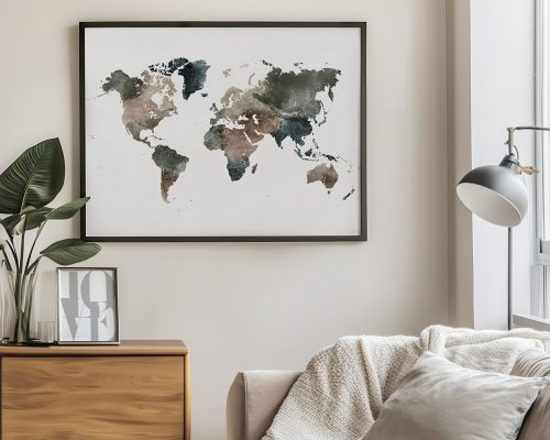 Artistic representation of a world map featuring muted colors and abstract shapes.