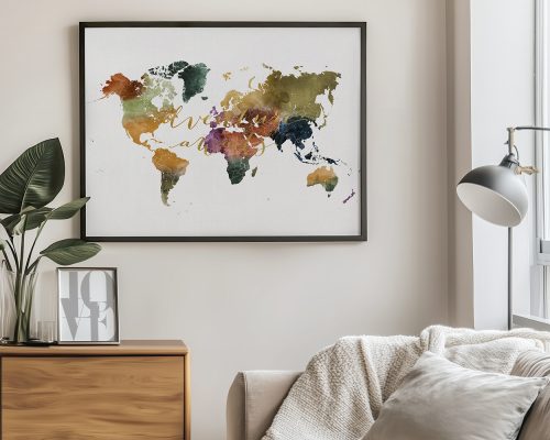 Artistic world map with colorful watercolor effects on a white background.