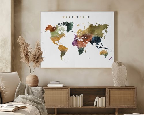 World map illustrated in watercolor style with various colors representing different regions.