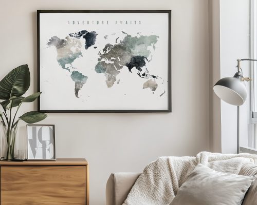Artistic world map with watercolor effects in various shades displayed in a frame.