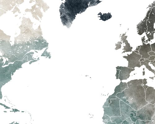 Artistic representation of a world map with muted colors and abstract design elements.