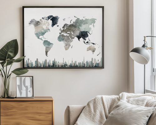 Artistic world map featuring various shades of blue and green with a city skyline at the bottom.