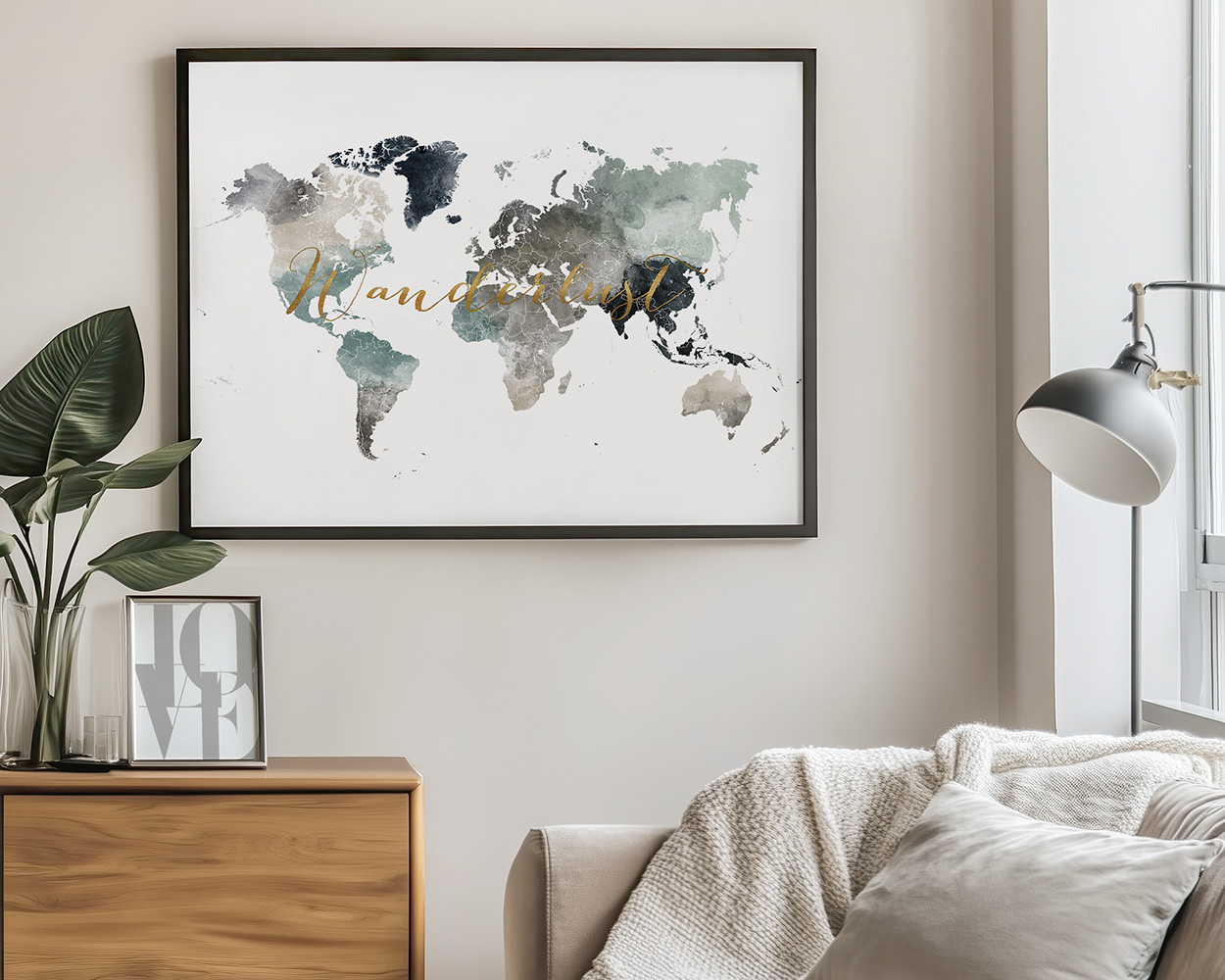 Artistic world map with watercolor effects and the word 'wanderlust' in gold lettering.